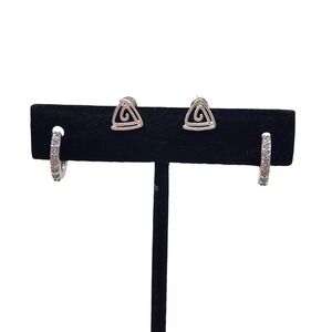 Silver Tone Triangle Swirl Stud Earrings and‎ Crystal Hoop Earrings Set